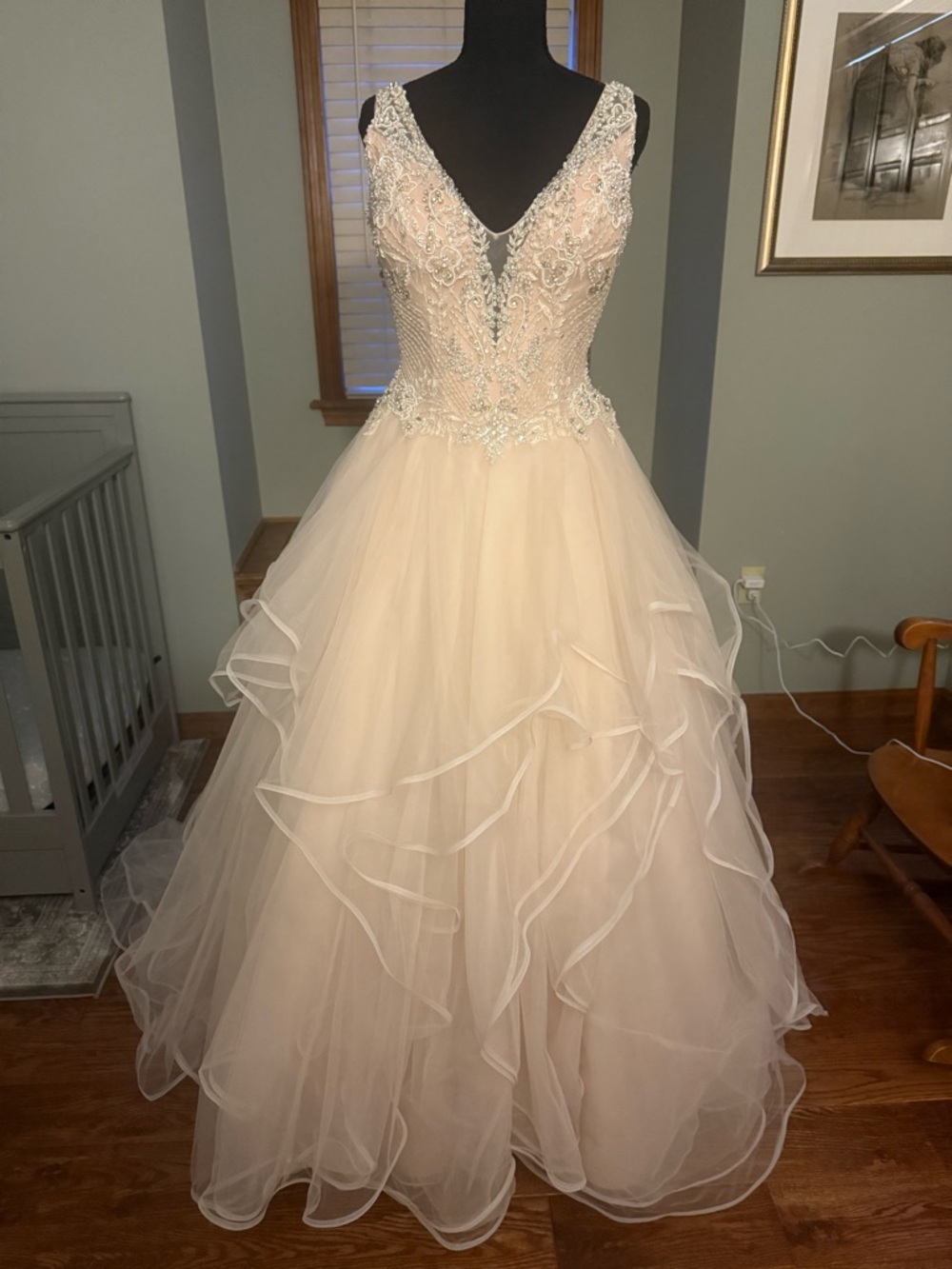 Ivory Beaded V-Neck Ball Gown Wedding Dress